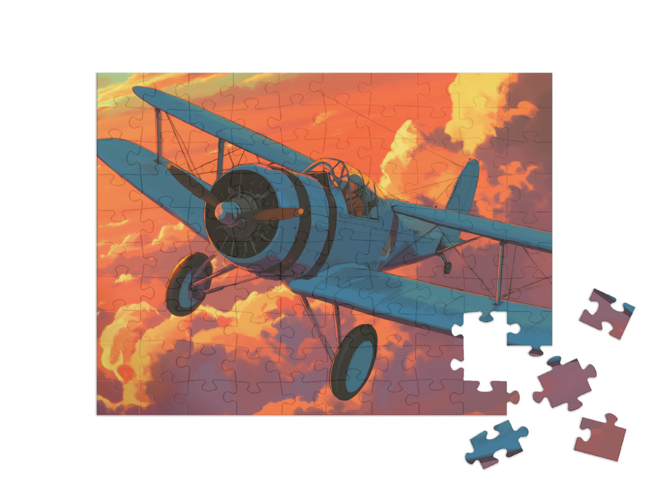 Puzzle 100 Teile „Ein Motorflieger über den Wolken“