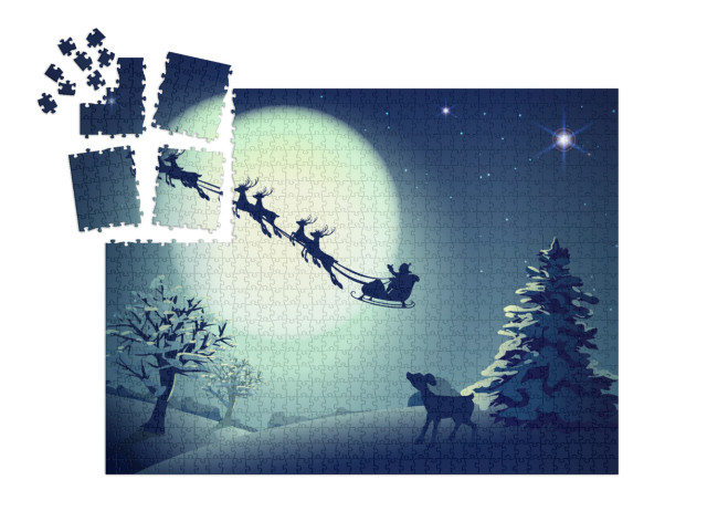 Puzzle „Weihnachtsmann im Schlitten, Rentiere, Vollmond, Grußkarte“ | SMART SORTED® 1000 Teile