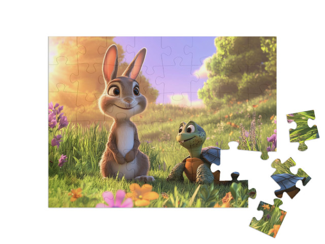 Puzzle 48 Teile „Das kleine Kaninchen mit seinem Schildkrötenfreund“