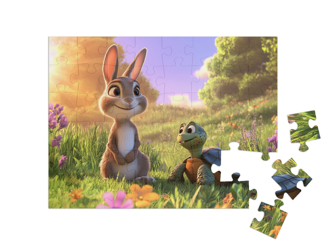 Puzzle 48 Teile „Das kleine Kaninchen mit seinem Schildkrötenfreund“