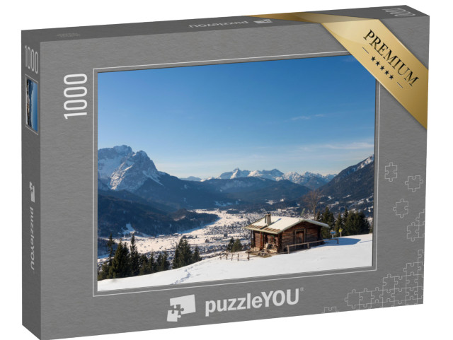 Puzzle 1000 Teile „Winterliche Almhütte mit Zugspitze und Garmisch-Partenkirchen, Bayern“