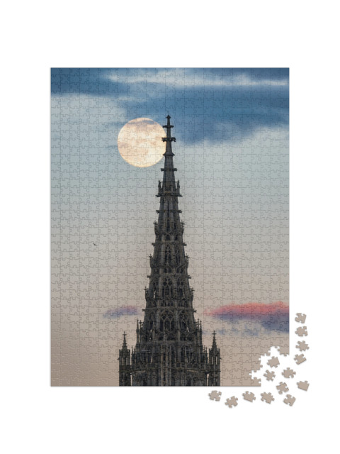 Puzzle 1000 Teile „Spitze des Ulmer Münsters mit Vollmond, Baden-Württemberg, Deutschland“