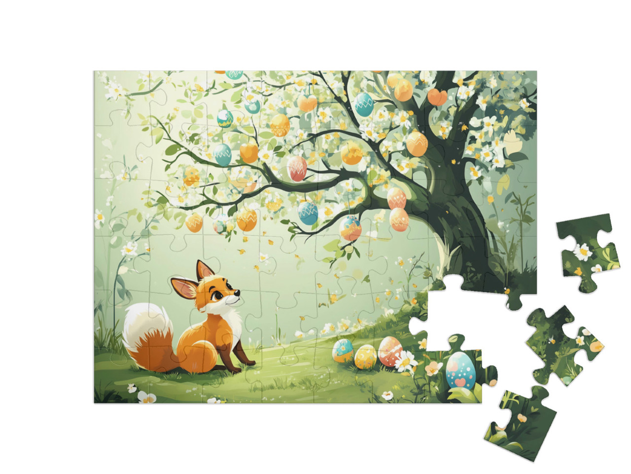 Puzzle 48 Teile „Der kleine Fuchs am Osterbaum“