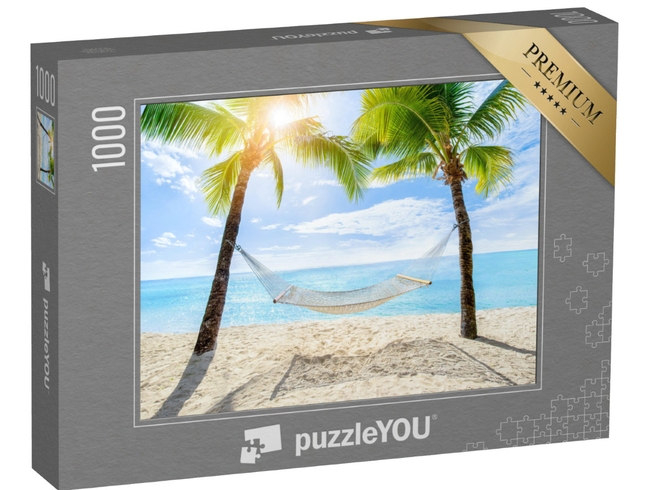Puzzle 1000 Teile „Hängematte zwischen zwei Kokosnussbäumen auf einer tropischen Insel“