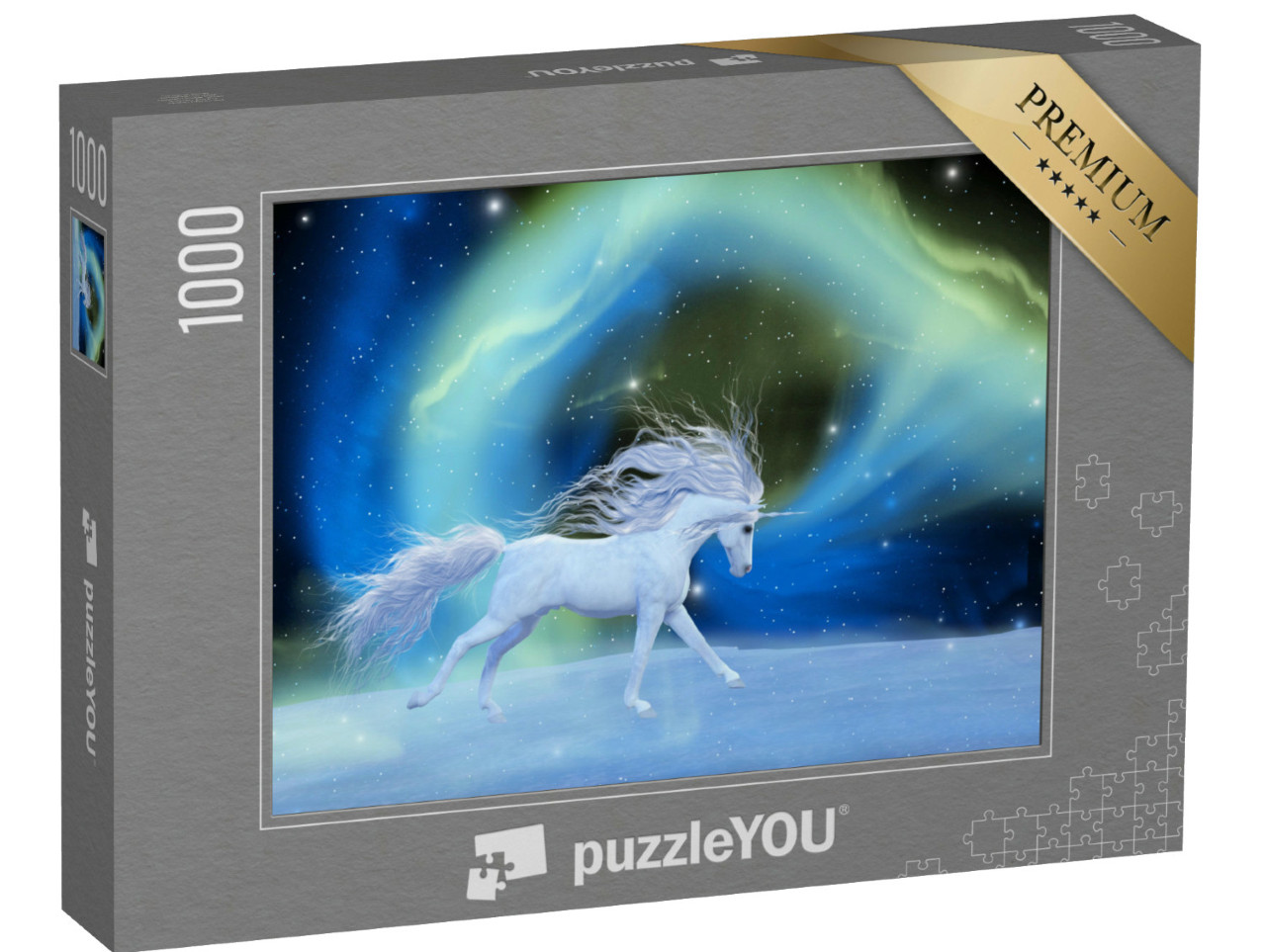 Puzzle 1000 Teile „Digitale Kunst: Mystisches Einhorn in einem Universum aus Aurora-Nebel“