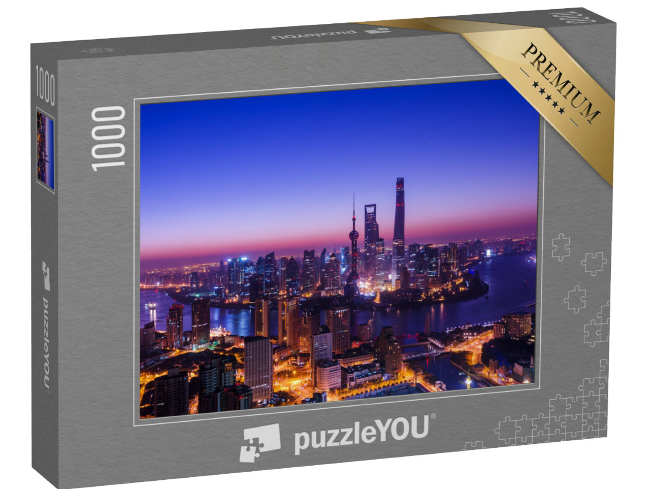 Puzzle 1000 Teile „Skyline von Shanghai im blau-roten Abendlicht“