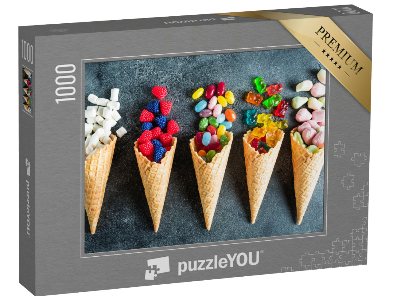 Puzzle 1000 Teile „Waffeltüten mit bunten Süßigkeiten im Sommer“