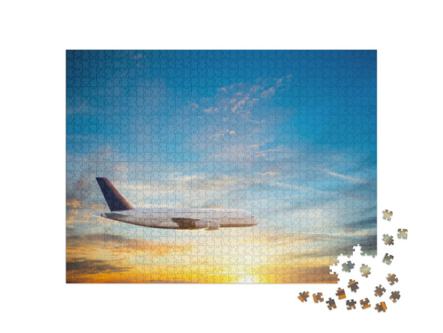 Puzzle 1000 Teile „Ruhiger Flug eines Passagierflugzeuges am Abendhimmel“