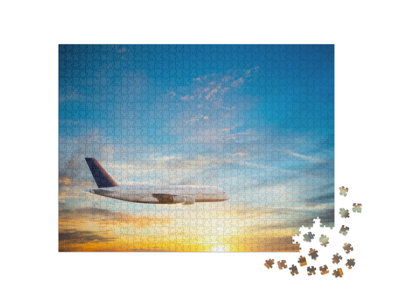 Puzzle 1000 Teile „Ruhiger Flug eines Passagierflugzeuges am Abendhimmel“