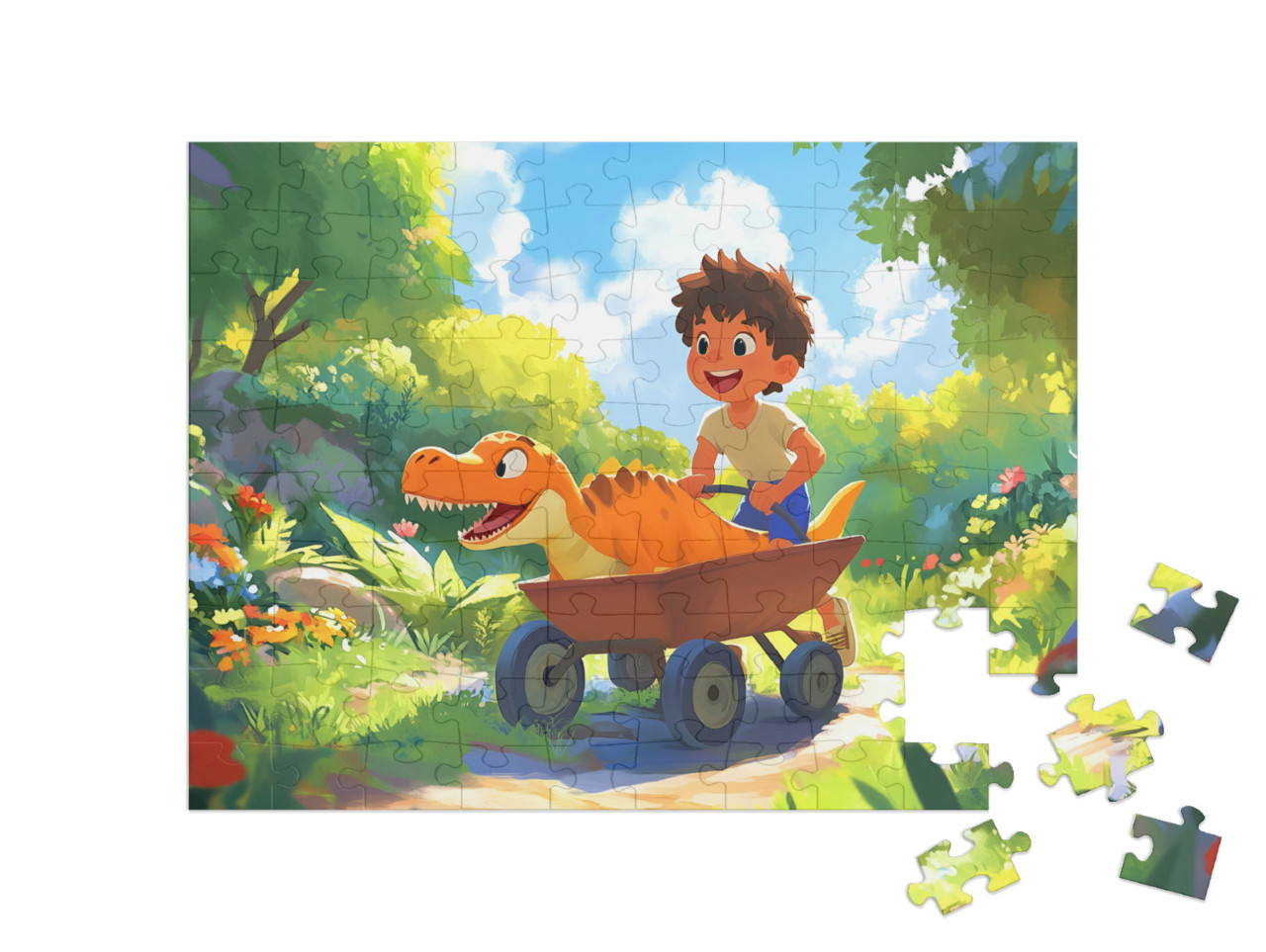 Puzzle 100 Teile „Dino-Spaß: Das Schubkarrenrennen“