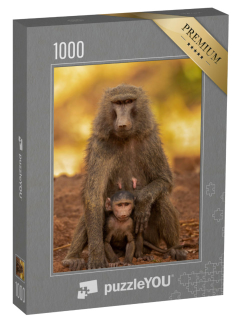 Puzzle 1000 Teile „Familien- und Verhaltensporträt von Olivenpavianen, Pendjari-Nationalpark, Benin“