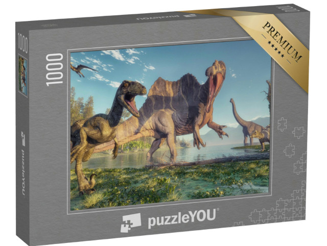 Puzzle 1000 Teile „Spinosaurus und Deinonychus, Dschungel-Szene, 3D-Illustration“