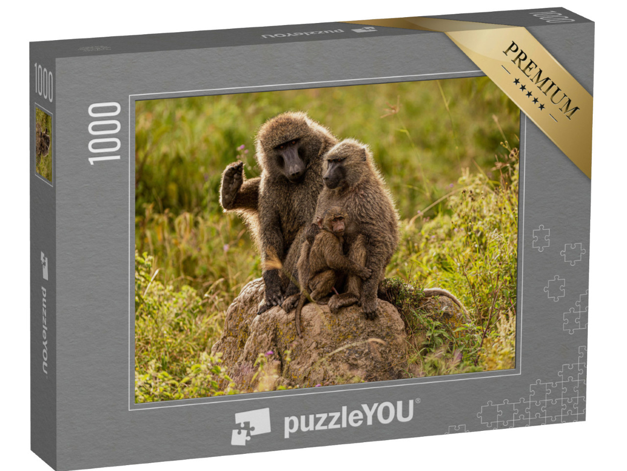 Puzzle 1000 Teile „Vater, Mutter, Kind: Olivenpaviane , auch bekannt als Anubis-Paviane“