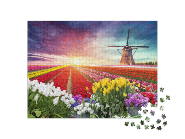 Puzzle 1000 Teile „Landschaft mit Tulpen und Windmühle, Niederlande“