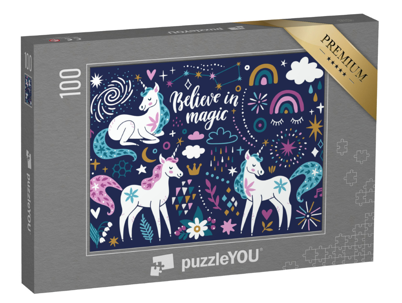 Puzzle 100 Teile „Vektor-Set: Einhörner, Regenbogen, Wolken, Blumen, Sterne und Funken“