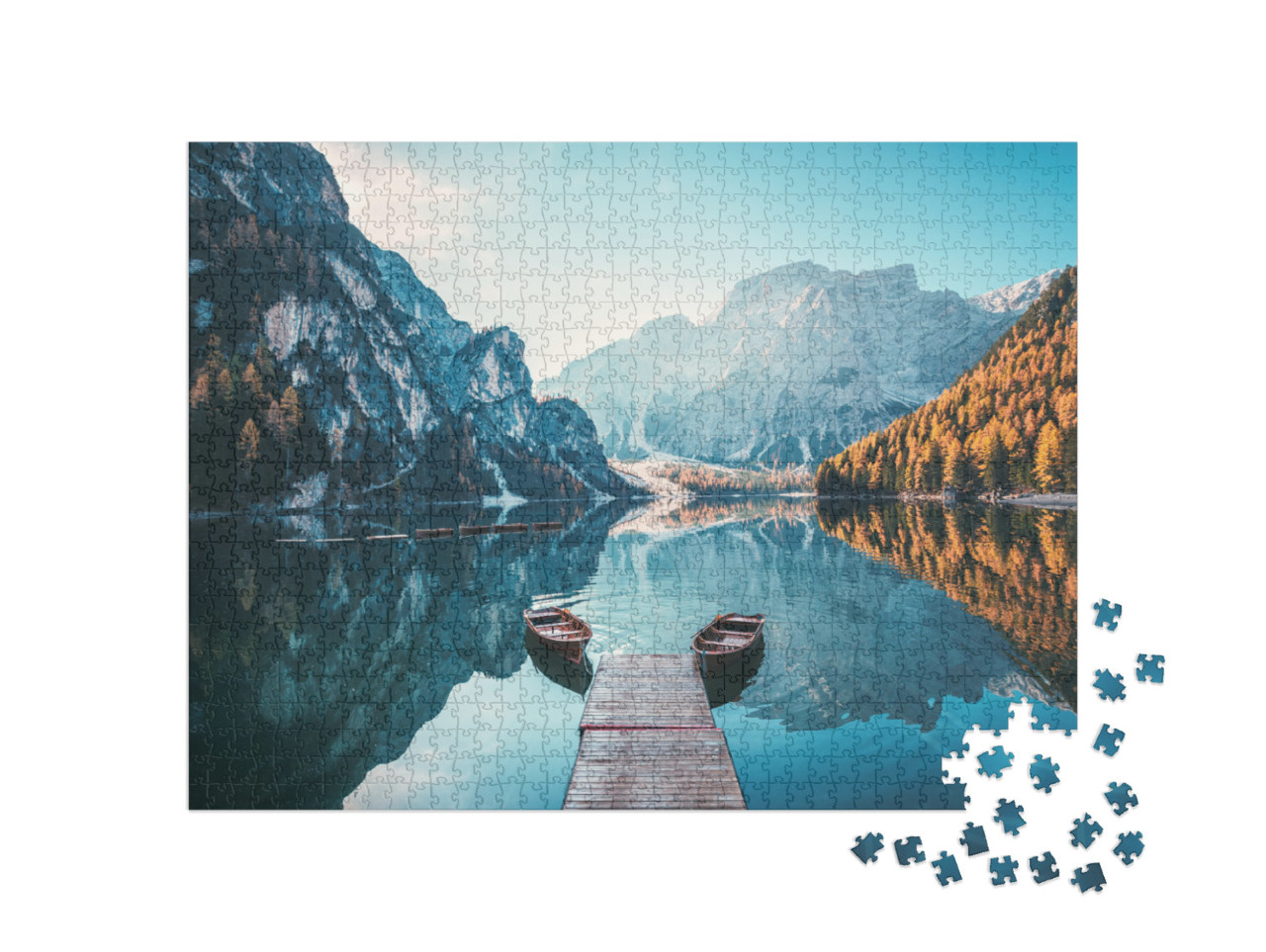 Puzzle 1000 Teile „Boote auf dem Pragser Wildsee in den Dolomiten, Südtirol, Italien“