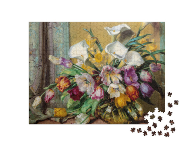 Puzzle 1000 Teile „Ölgemälde: Blumenarrangement in einer bauchigen Glasvase“