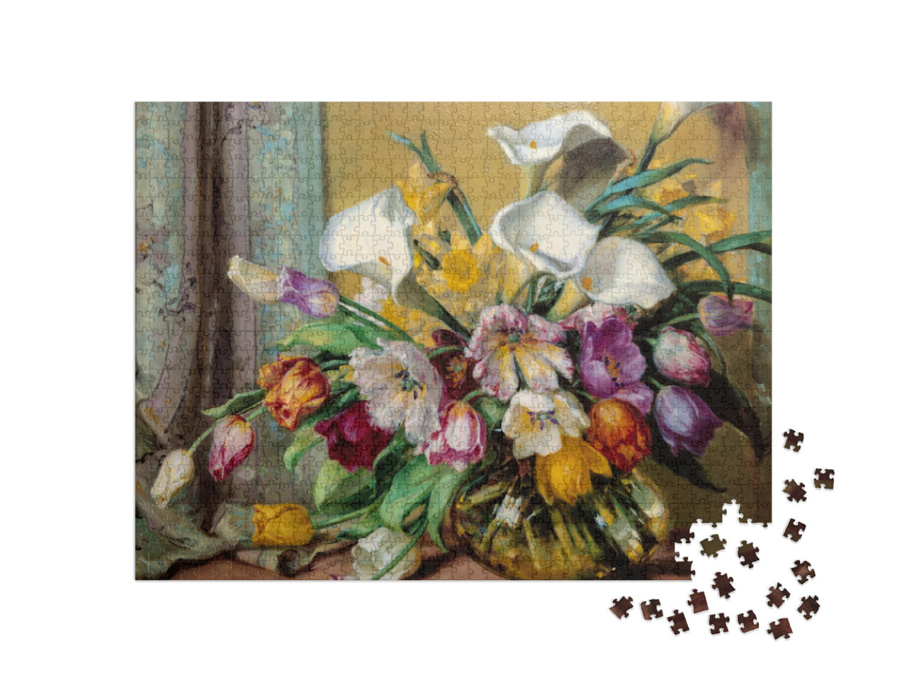 Puzzle 1000 Teile „Ölgemälde: Blumenarrangement in einer bauchigen Glasvase“