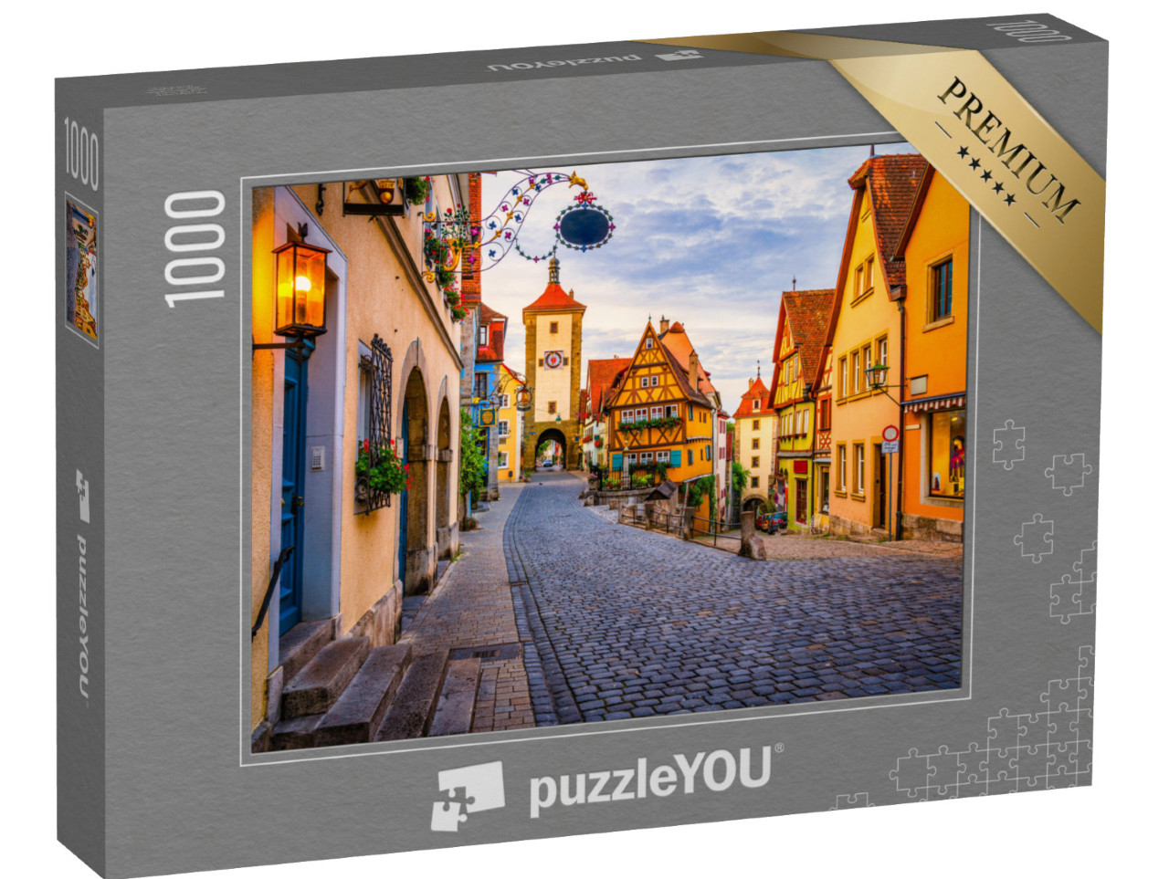 Puzzle 1000 Teile „Morgenansicht der Unteren Schmiedgasse, Rothenburg ob der Tauber, Bayern“