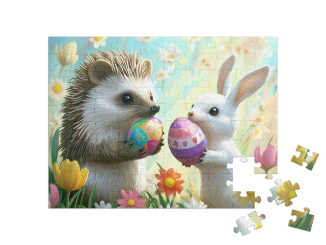 Puzzle 100 Teile „Hase und Igel feiern Ostern“