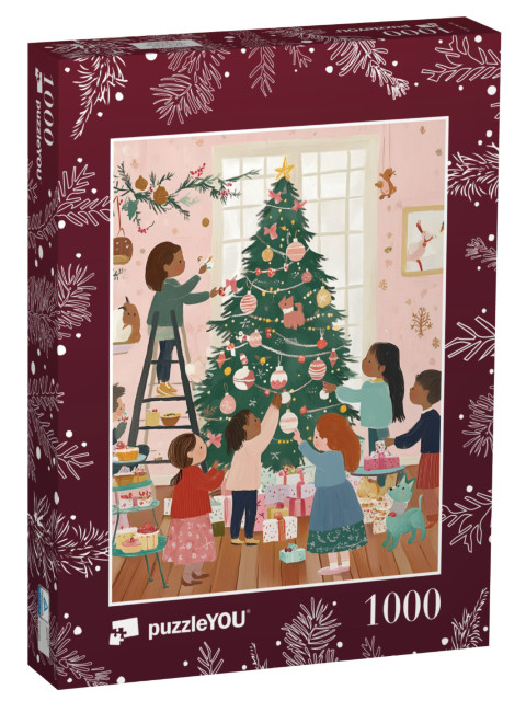 Puzzle 1000 Teile „Kinder schmücken zusammen den Christbaum“