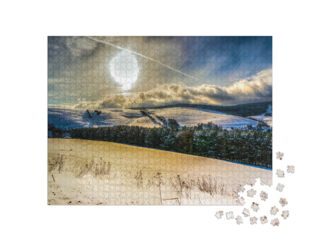 Puzzle 1000 Teile „Wintersonne auf dem Fichtelberg in Sachsen“