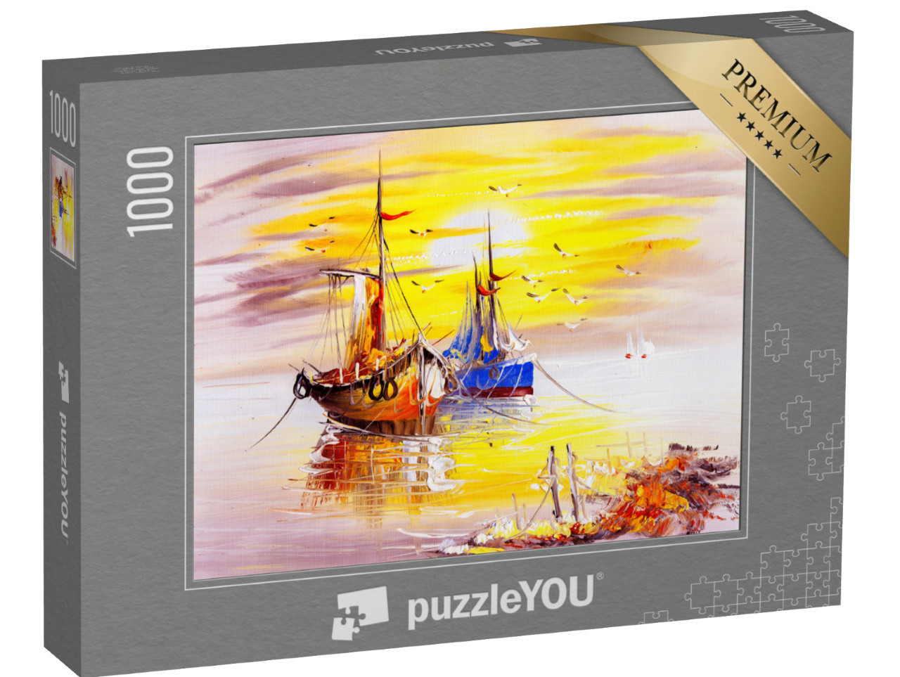Puzzle 1000 Teile „Ölgemälde: Zwei Fischerboote im Sonnenuntergang“