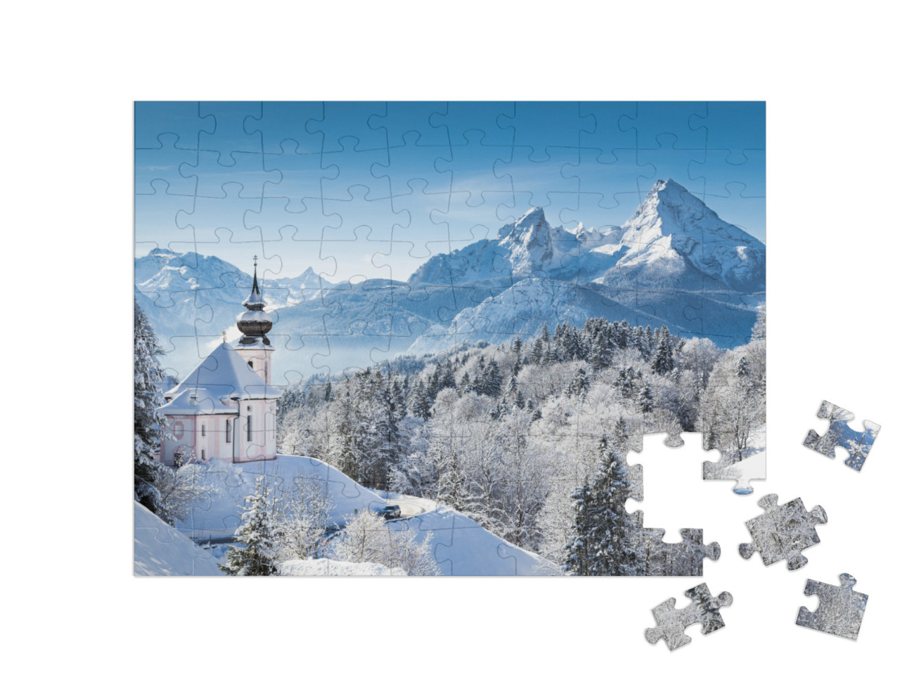 Puzzle 100 Teile „Wallfahrtskirche und Watzmann-Gipfel im Winter, Berchtesgadener Land, Deutschland“