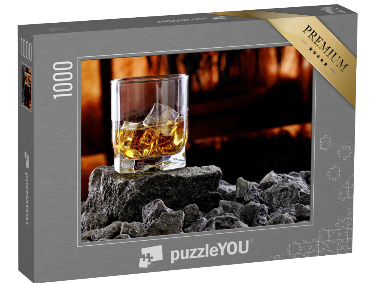 Puzzle 1000 Teile „Glas mit Whiskey auf einem Stein mit Sonnenuntergang im Hintergrund“