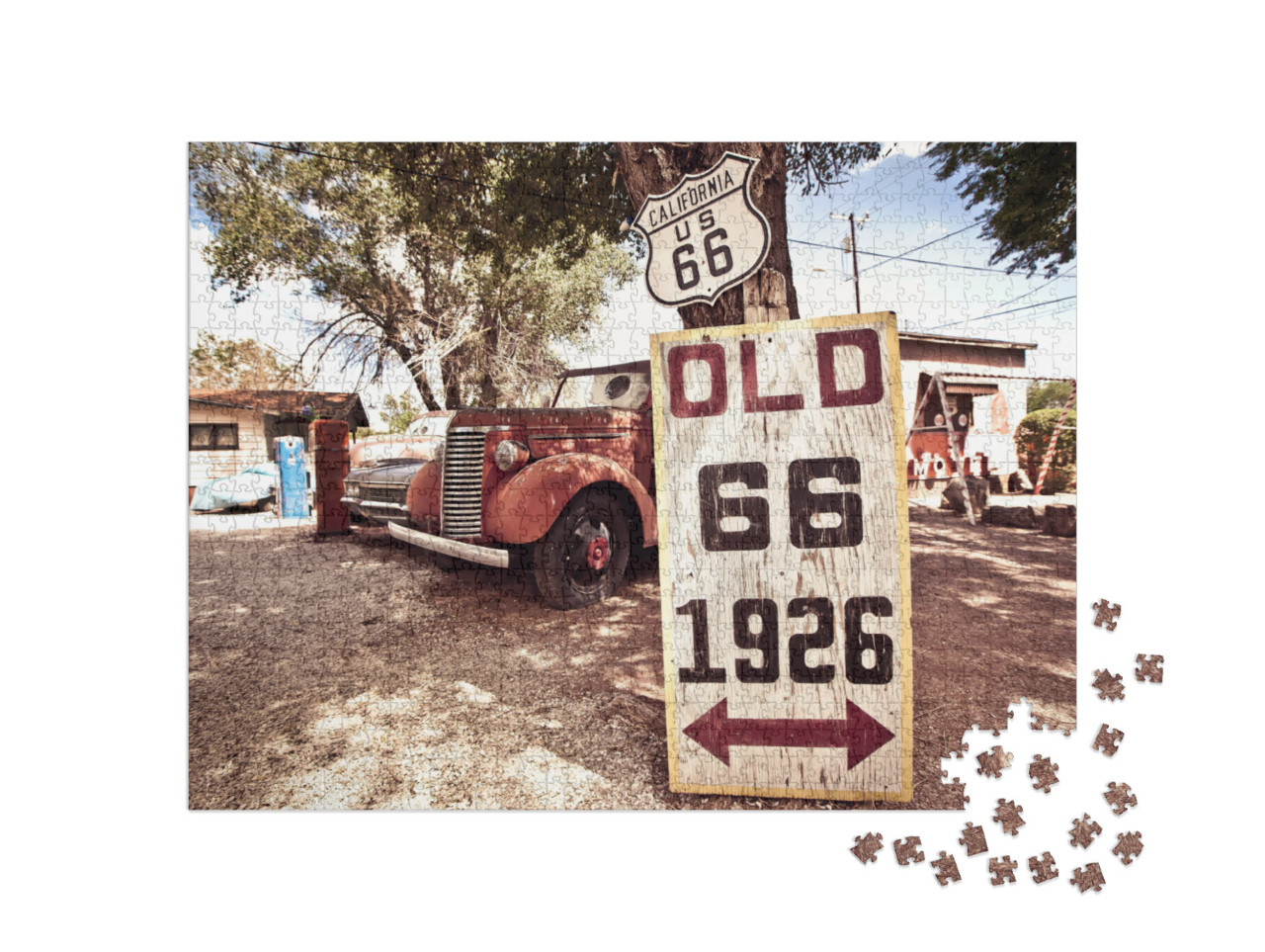 Puzzle 1000 Teile „Rostige Autos und Schilder mit Route 66“