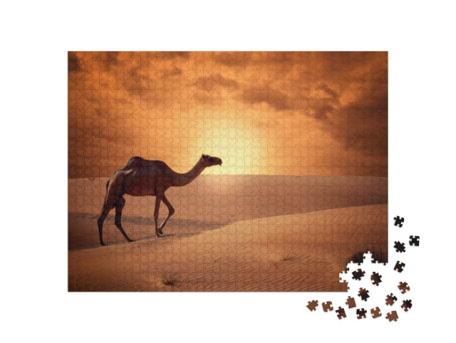 Puzzle 1000 Teile „Kamel überqueren die Wüste im Sonnenaufgang, Urlaubsreisen“