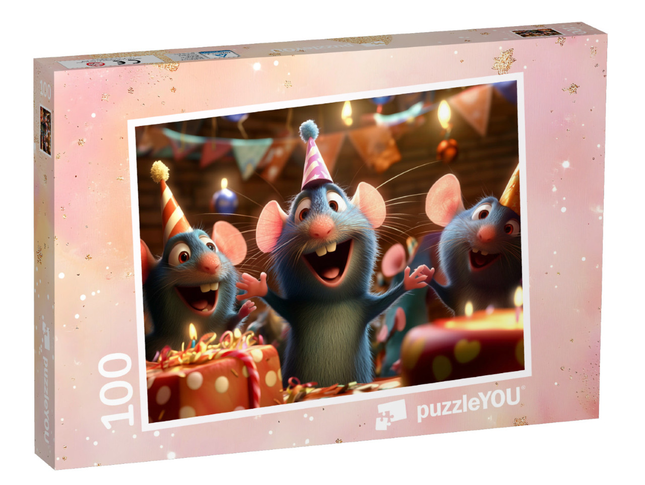 Puzzle 100 Teile „Rattenscharfe Party: Kuchen, Kerzen und Geschenke“