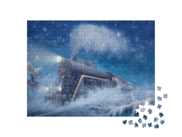 Puzzle 1000 Teile „Polarexpress in einer verschneiten Landschaft, kleiner Junge, Mann auf dem Zug“