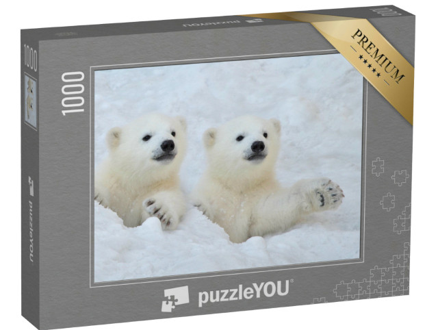 Puzzle 1000 Teile „Zwei weiße Eisbärenjunge schauen aus einem Schneeloch heraus“