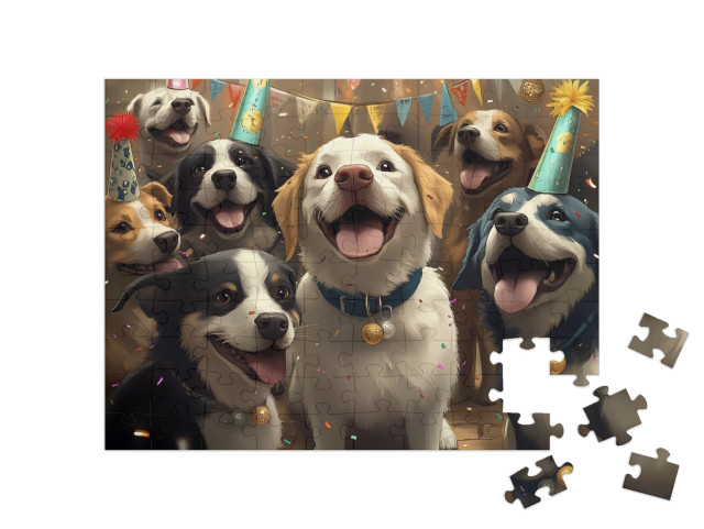 Puzzle 100 Teile „Partyhunde: Was ist wohl in der Schachtel?“