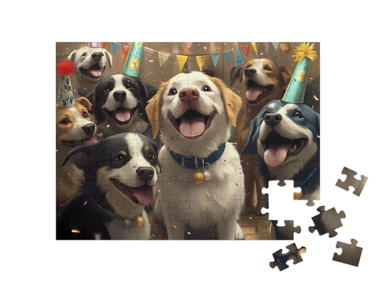 Puzzle 100 Teile „Partyhunde: Was ist wohl in der Schachtel?“