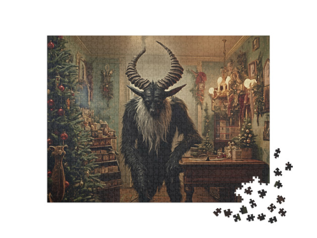 Puzzle 1000 Teile „Schwarzer Krampus Monster im Weihnachtsladen“