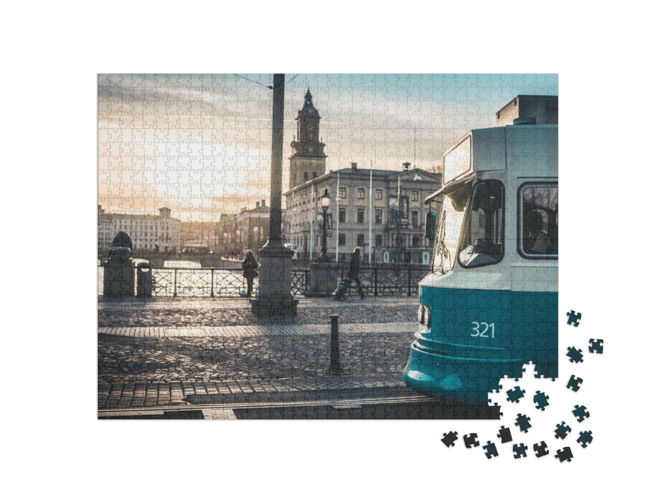 Puzzle 1000 Teile „Sonnenuntergang hinter einer Straßenbahn, Göteborg, Schweden“