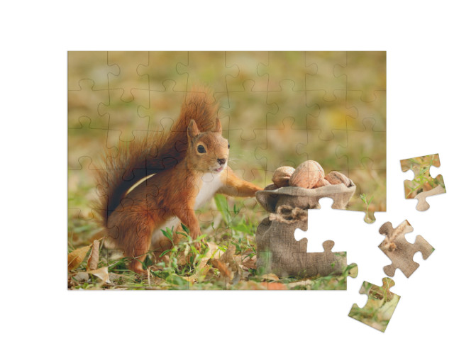 Puzzle 48 Teile „Porträt eines roten Eichhörnchens, das eine Tüte mit Nüssen hält“