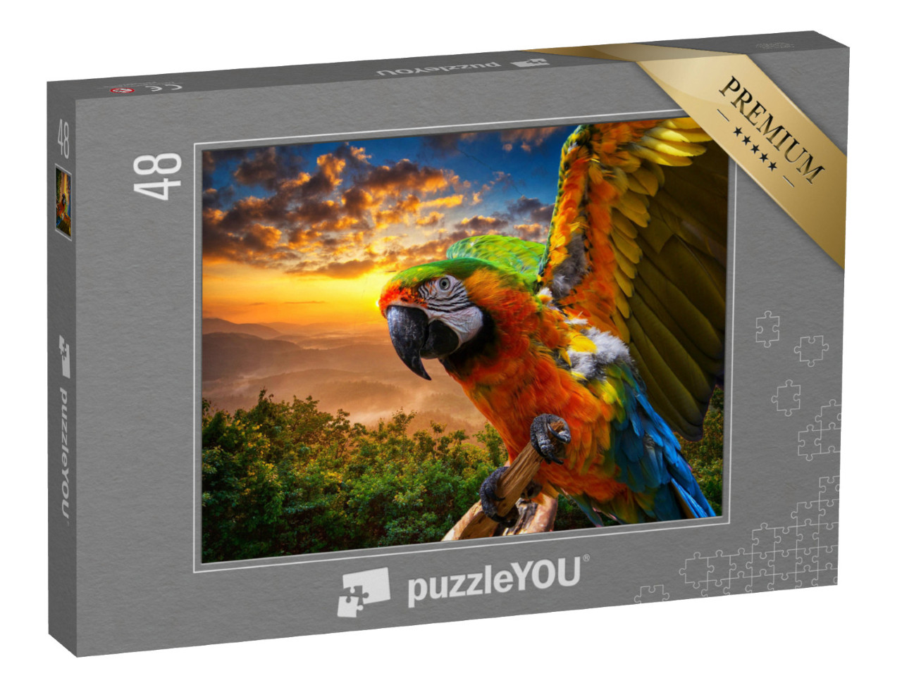 Puzzle 48 Teile „Prächtige Farben der Natur: Ara im Sonnenuntergang“