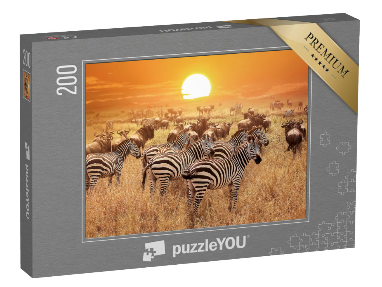 Puzzle 200 Teile „Zebra bei Sonnenuntergang im Serengeti-Nationalpark. Afrika. Tansania.“