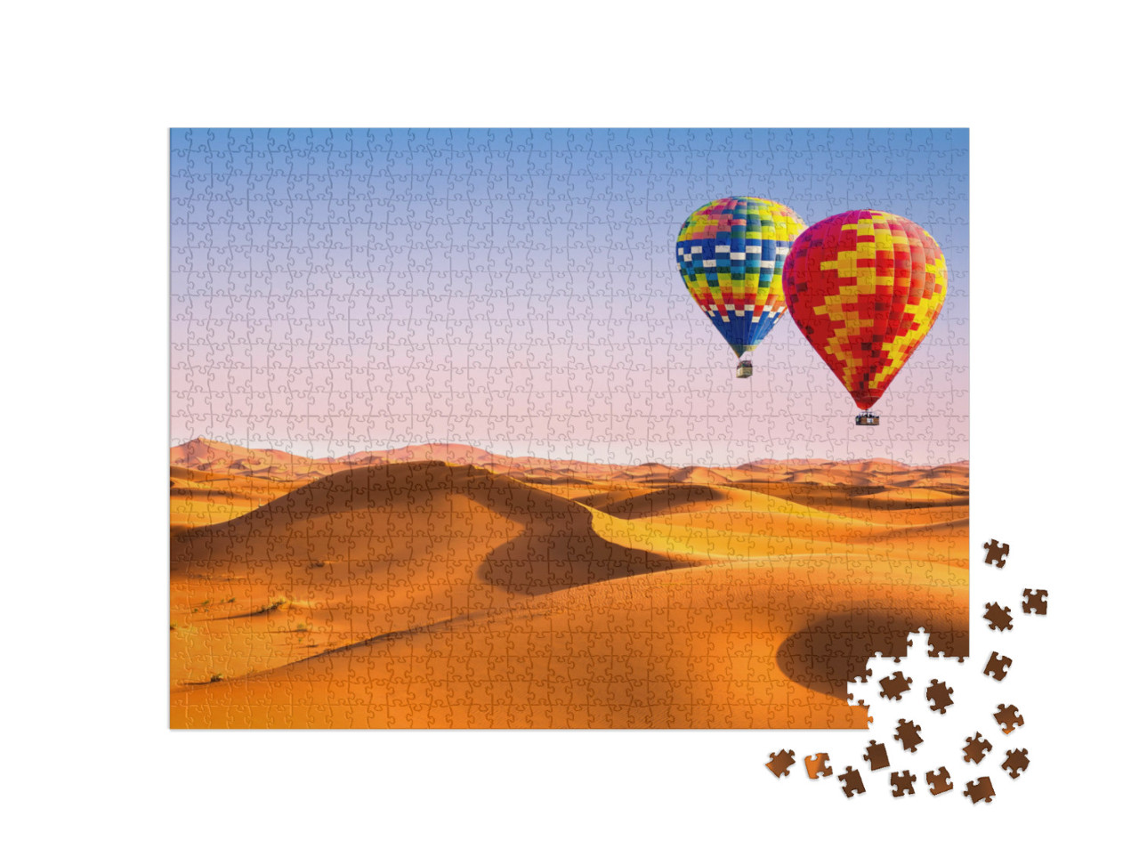 Puzzle 1000 Teile „Beeindruckende Aussicht auf Sanddünen, Heißluftballons in der Sahara, Marokko“