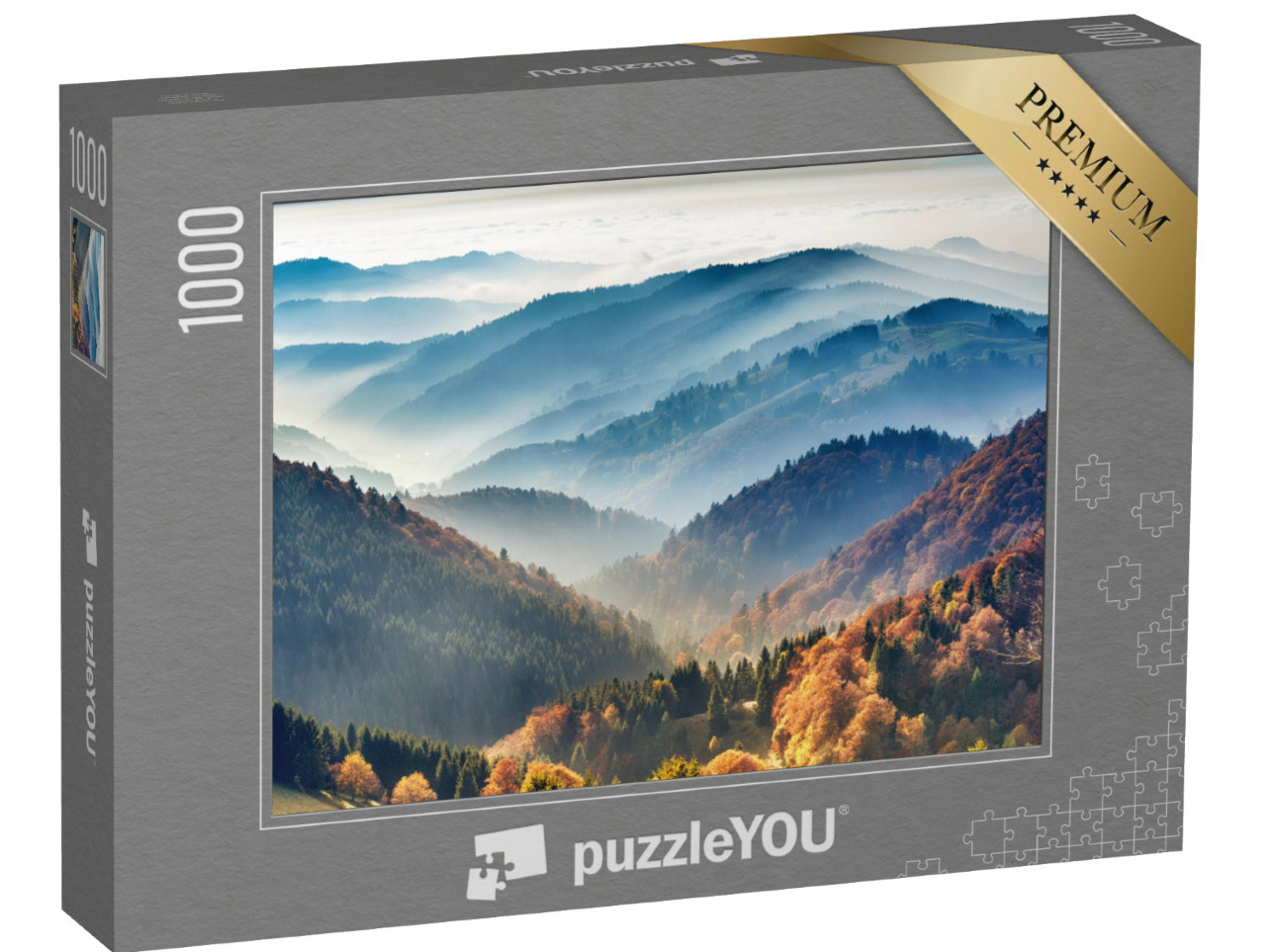 Puzzle 1000 Teile „Malerischer Schwarzwald: Berge im Nebel, Baden-Württemberg, Deutschland“