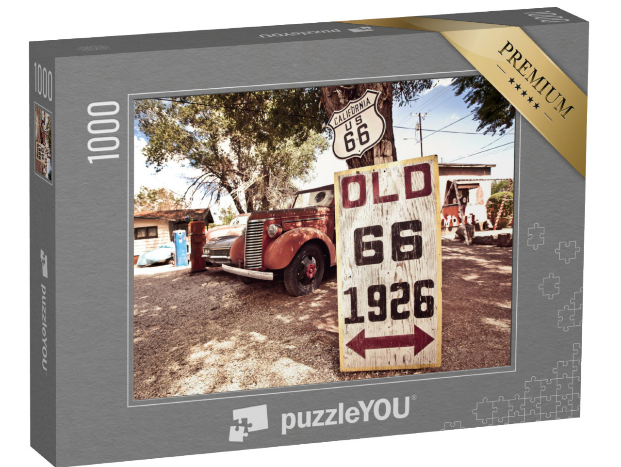 Puzzle 1000 Teile „Rostige Autos und Schilder mit Route 66“