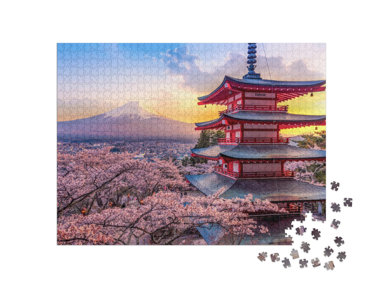 Puzzle 1000 Teile „Kirschblüte am Berg Fuji und die Chureito-Pagode bei Sonnenuntergang, Japan“