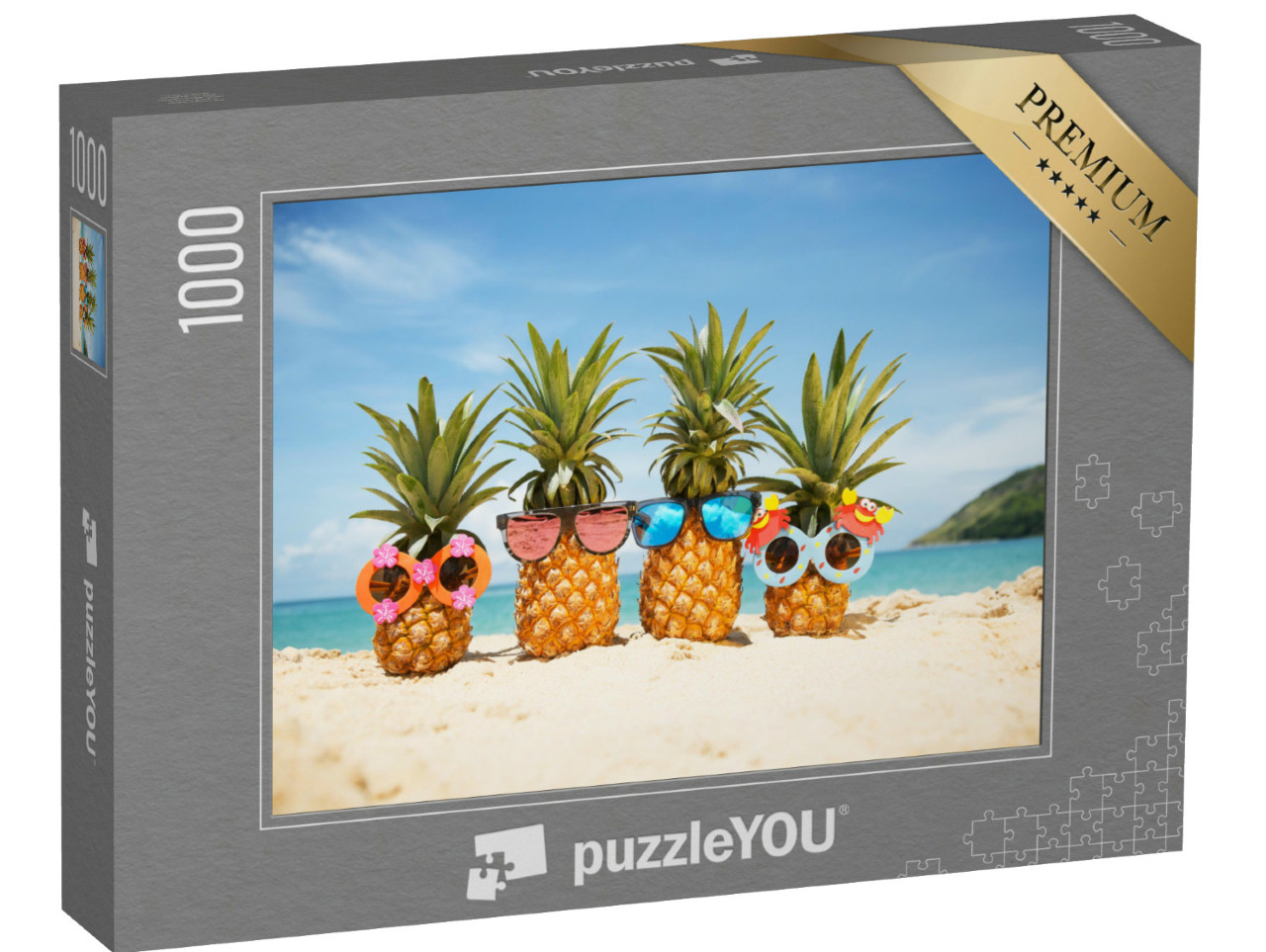 Puzzle 1000 Teile „Coole Ananas-Früchte mit Sonnenbrillen am Strand“