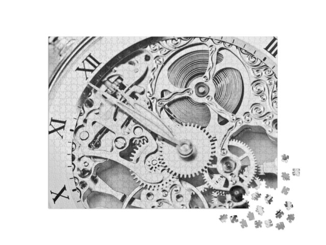 Puzzle 1000 Teile „Schwarz-weiße Nahaufnahme eines Uhrwerks, römische Ziffern“