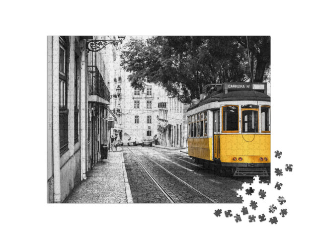 Puzzle 1000 Teile „Gelbe Straßenbahn auf alten Straßen von Lissabon, Portugal“