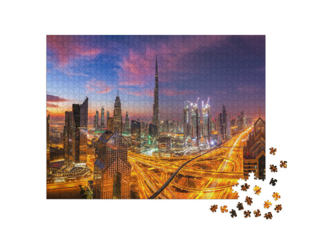 Puzzle 1000 Teile „Skyline von Dubai bei Sonnenuntergang“