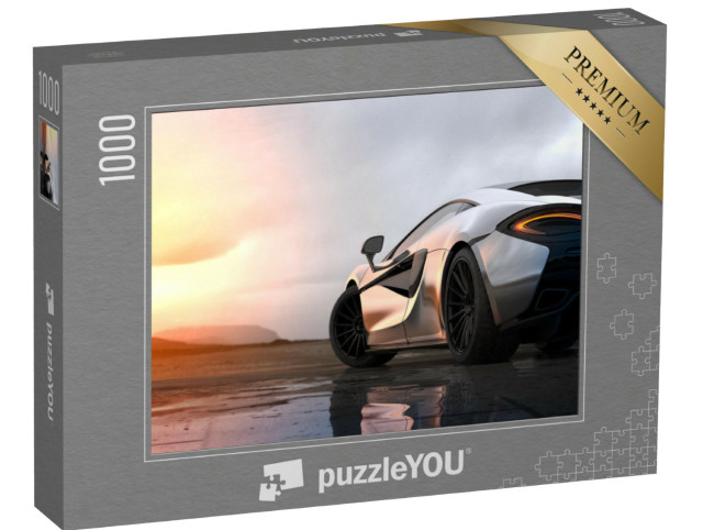 Puzzle 1000 Teile „Silberner Luxus-Sportwagen im Sonnenuntergang“